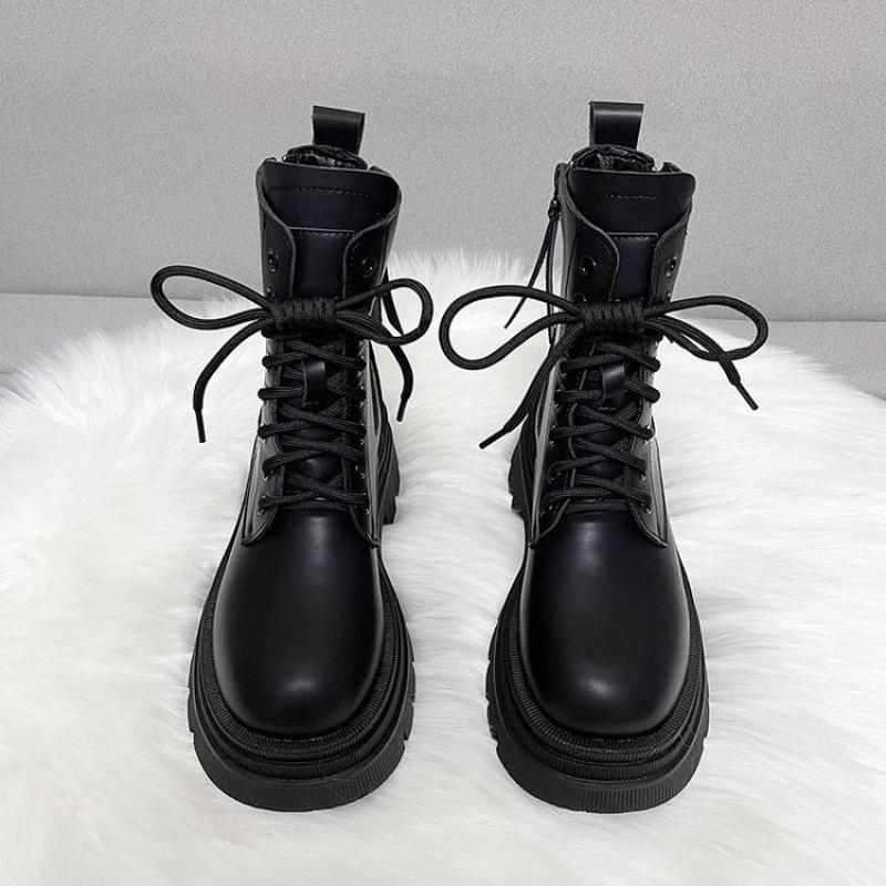 Womens Zoe Lace Up Chunky Leather Boots  |  Boots Boots Black Shine